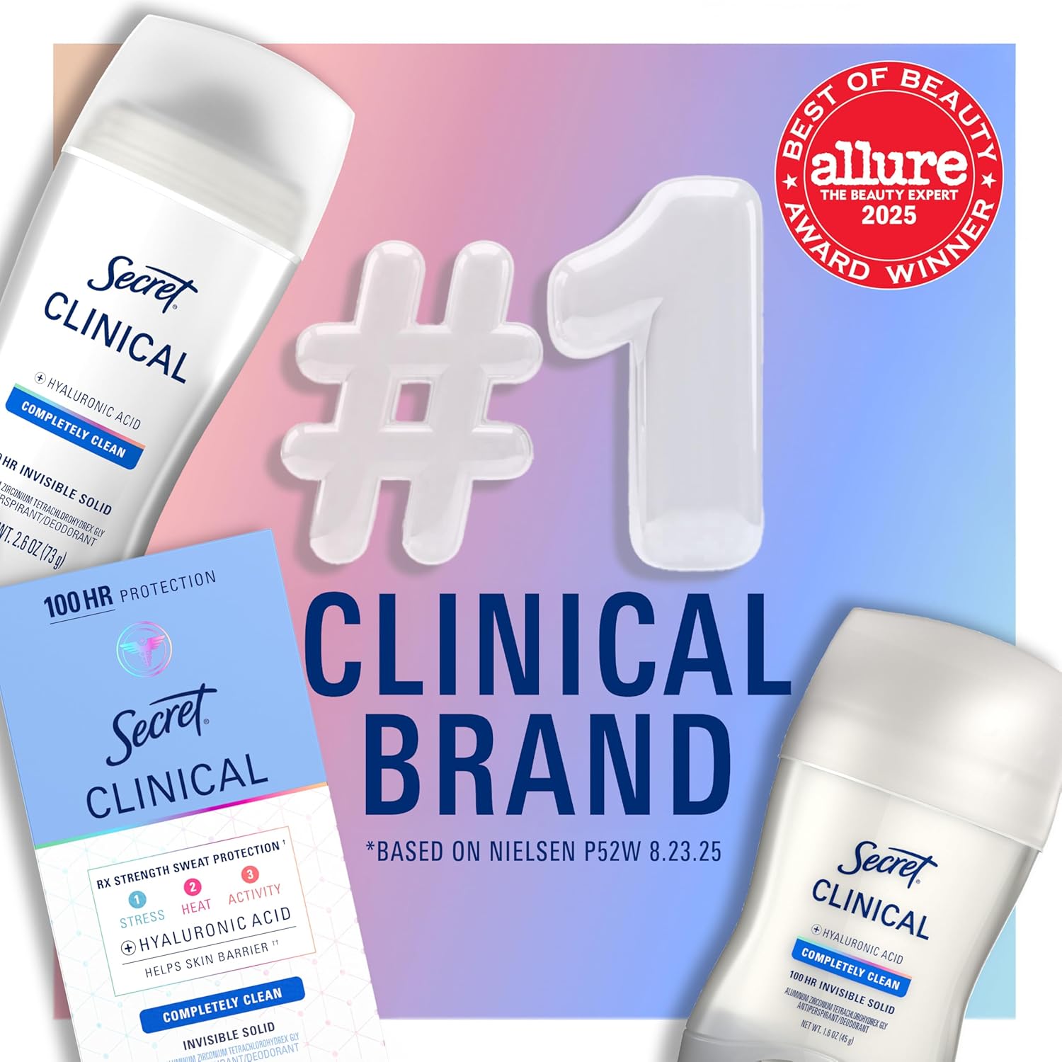 Secret Clinical Strength 100HR Sweat & Odor, Clear Gel Antiperspirant Deodorant for Women, 3X Stress Protection with Hyaluronic Acid, PH Balancing Minerals, Completely Clean Scent, 1.6 oz - Image 6