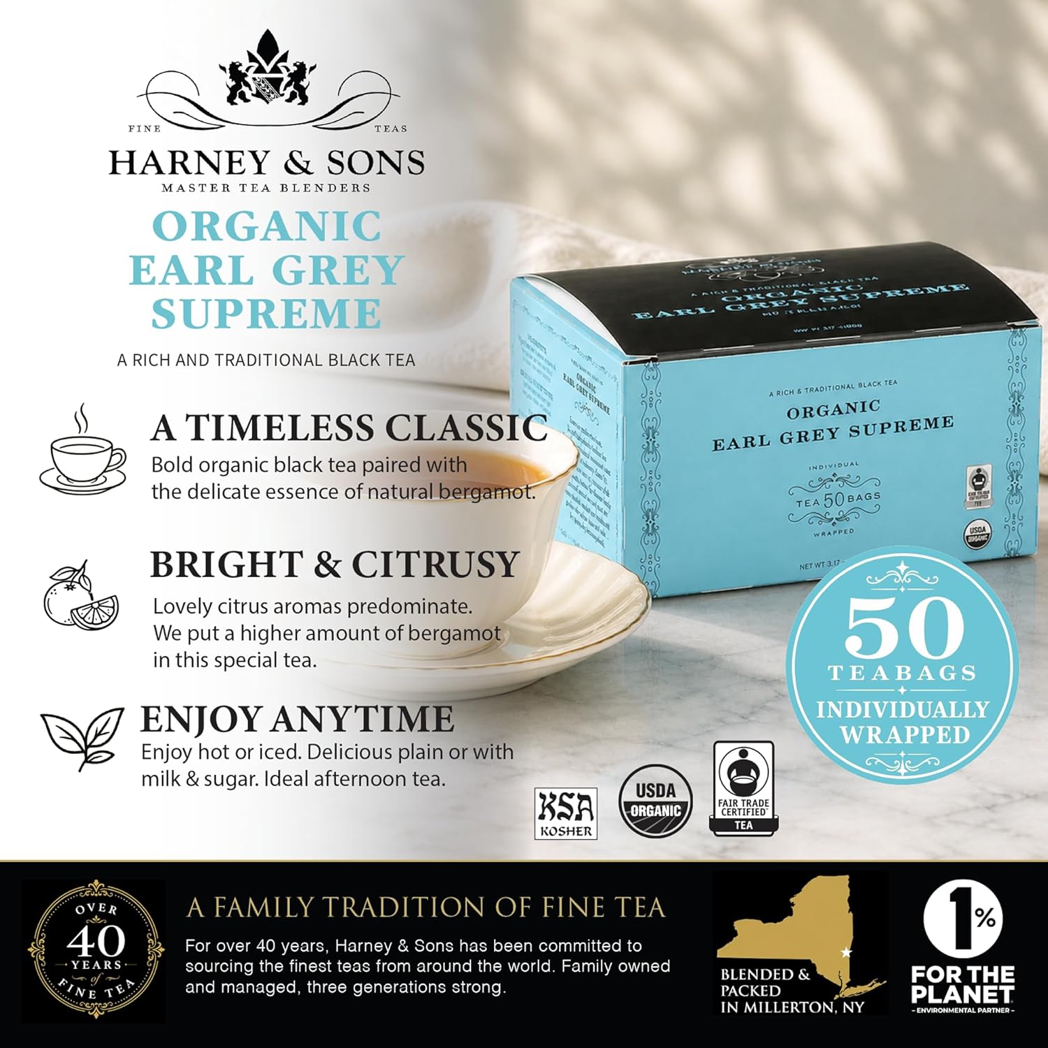 Harney & Sons Organic Earl Grey Supreme | Box of 50 Organic Earl Grey Tea Bags with Black Tea & Bergamot Oil, Individually Wrapped Teabags - Image 3