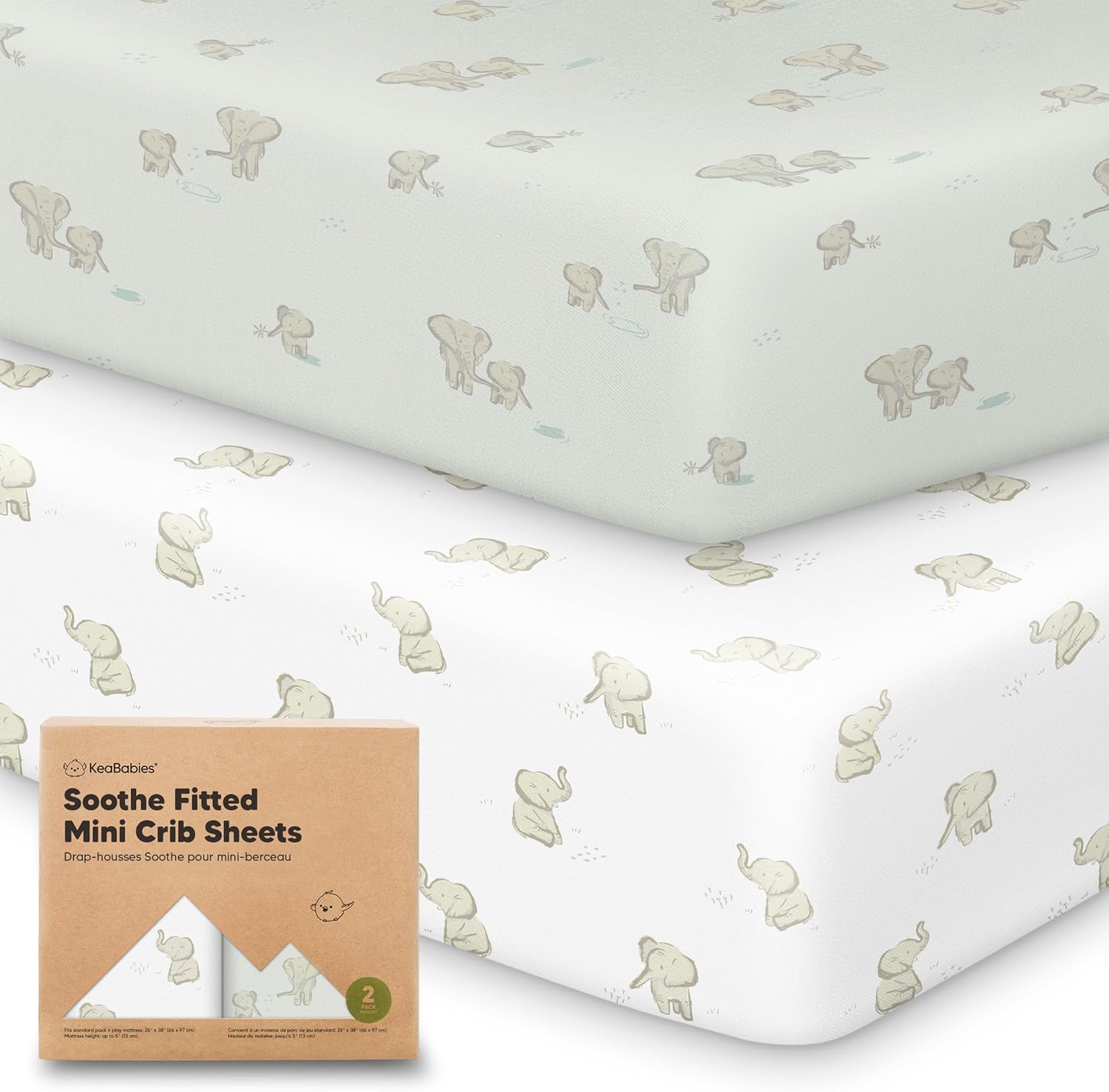 2-Pack Mini Crib Sheets Fitted - 38x26 Pack N Play Sheets for Pack and Play Mattress, Organic Cotton, Soft & Breathable Playard Bedding, Neutral Mini Toddler Bed Cover for Boys, Girls (Elly) - Image 2