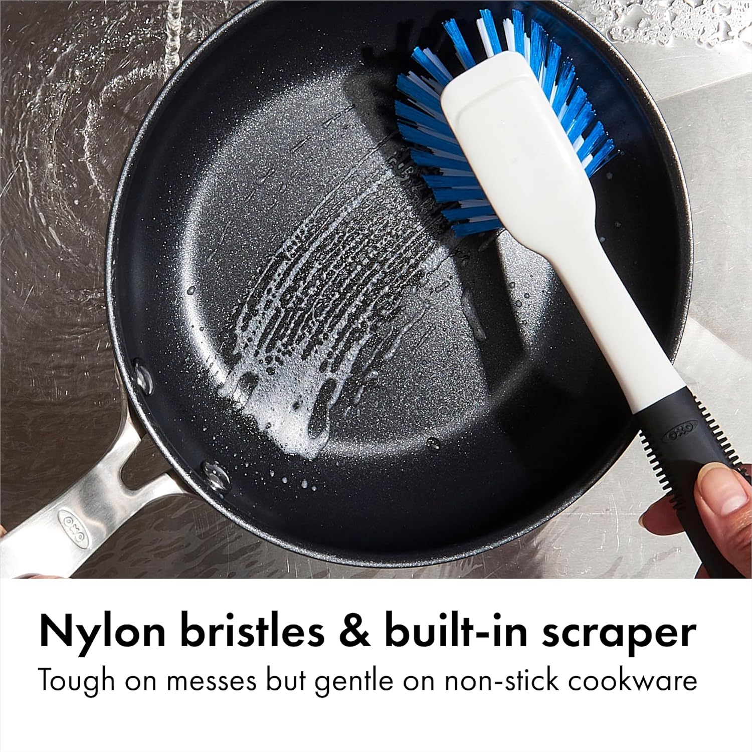 OXO Good Grips Dish Brush, Nylon Bristles with Built-in Scraper, Safe for Non-Stick Cookware, Non-Slip Handle, Dishwasher Safe - Image 4
