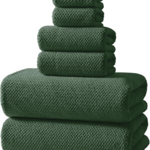REDKISS 6-Piece Bath Towel Set – 2 Washcloths, 2 Hand Towels, 2 Bath Towels | Ultra-Fiber Coral Fleece, Super Absorbent, No Lint & No Fading | Perfect for Bathroom, Spa, Gym | Family -Olive Green