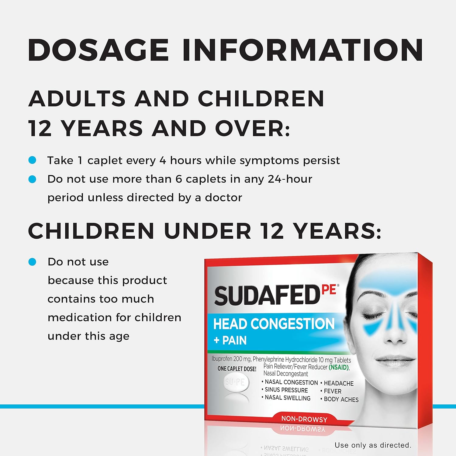 Sudafed PE Non-Drowsy Head Congestion + Pain Relief Caplets with Ibuprofen 200 mg & Phenylephrine HCl 10 mg, Nasal Decongestant & NSAID Pain Reliever & Fever Reducer, 20 ct - Image 4