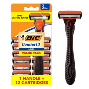 BIC Comfort 3 Men’s Refillable 3-Blade Razors with 1 Handle and 12 Cartridges, Smooth Shave Razor Set for Men