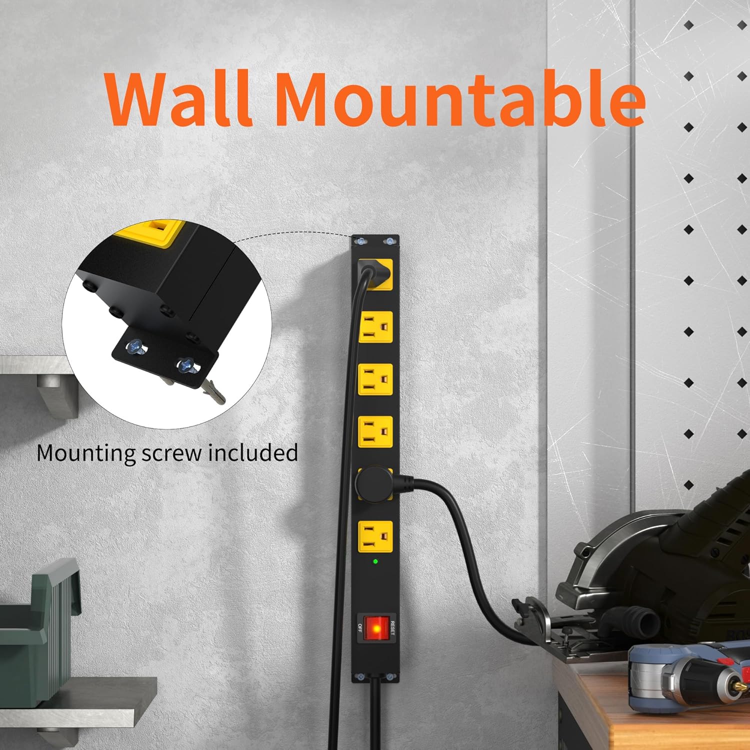 Heavy Duty 6 Outlet Metal Long Power Strip, 2700J Surge Protector with 15A Circuit Breaker, 6FT Extension Cord, Wall Mount for Garage, Workshop & Industrial Use, Wide Spaced (6ft) - Image 2