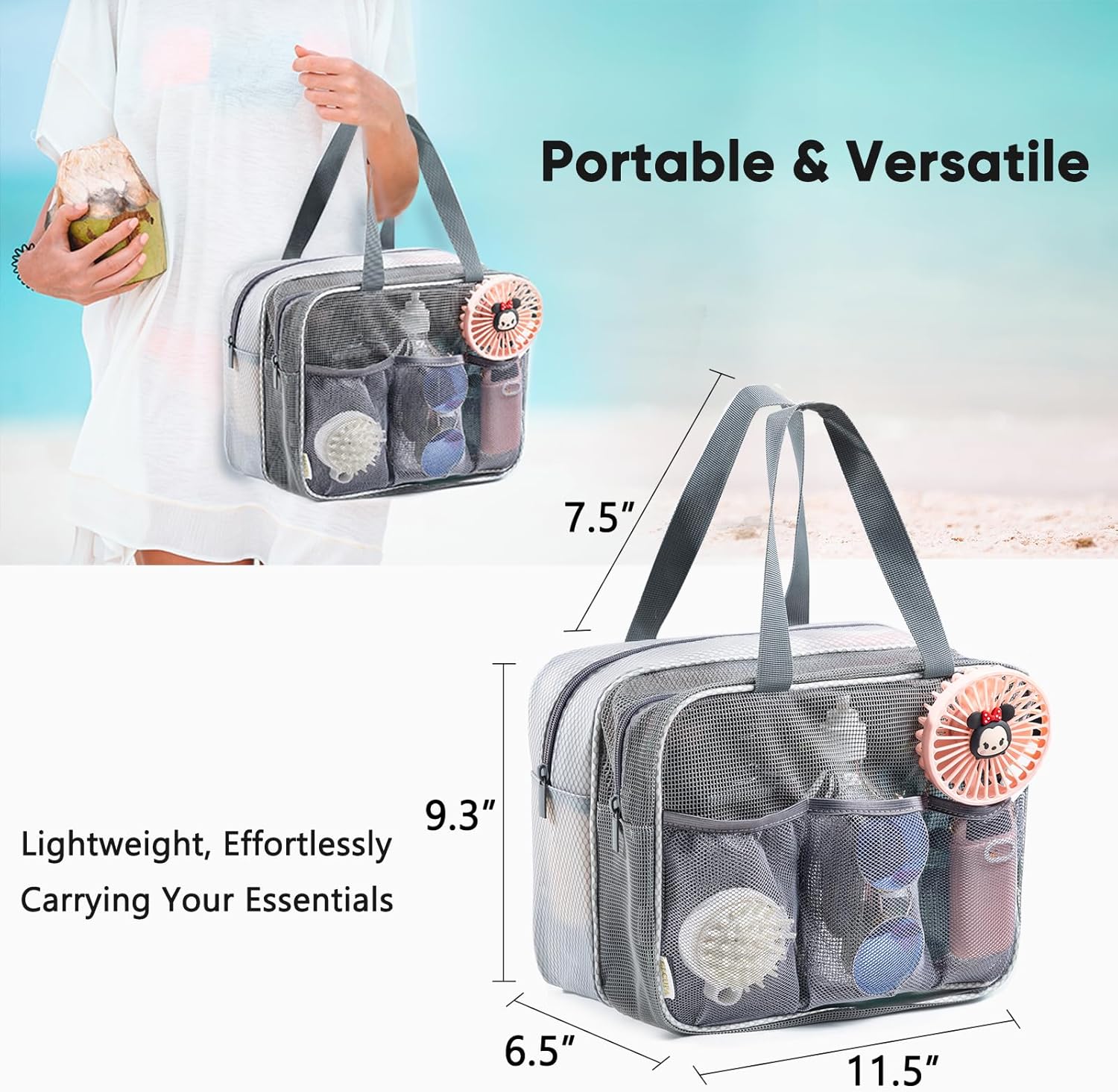 Large Mesh Shower Caddy with Wet & Dry Zones – Portable Hanging Toiletry Bag for College Dorm Room Essentials, Travel, Gym, Camping, Beach Tote Bag – Quick-Dry Shower Tote Organizer - Image 5