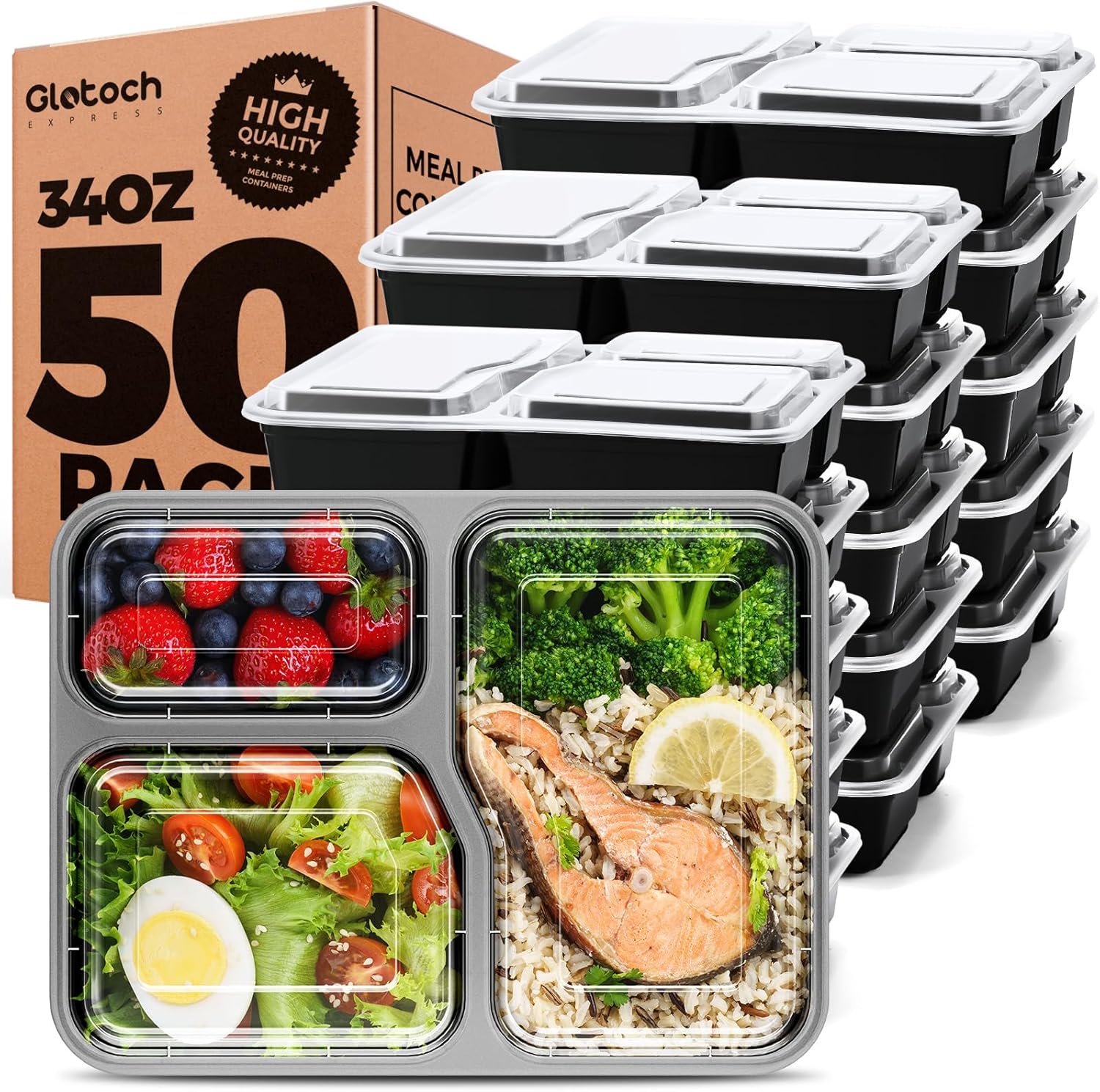 Glotoch 50 Pack (100-Piece) 34oz Meal Prep Containers Reusable with Lids 3-Compartment Containers Microwave, Freezer, Dishwasher Safe - Leakproof Durable To Go Take Out Plastic Food Storage - Image 2