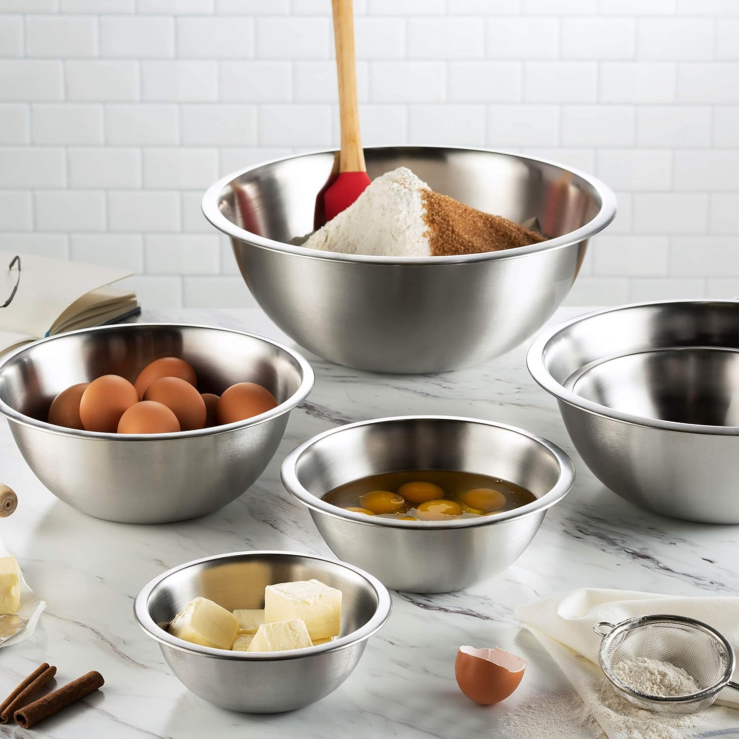 FineDine Stainless Steel Mixing Bowls Set, Dishwasher Safe, 6 Piece Metal Mixing Bowls For Kitchen, Nesting, Large, Small, Big Food Prep, Cooking, Baking - Image 6