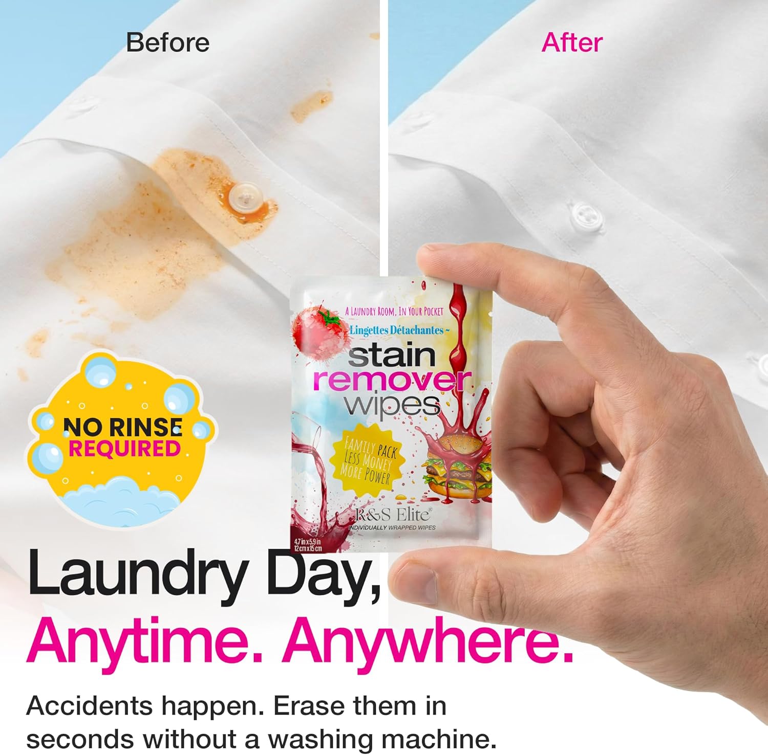 Stain Remover Wipes - 50 PCS Individually Wrapped – Instant Stain Remover for Clothes, Fabric & Jackets – Portable No-Rinse Cleaner for Travel, Purse & Diaper Bag – Removes Grease, Food & More - Image 3