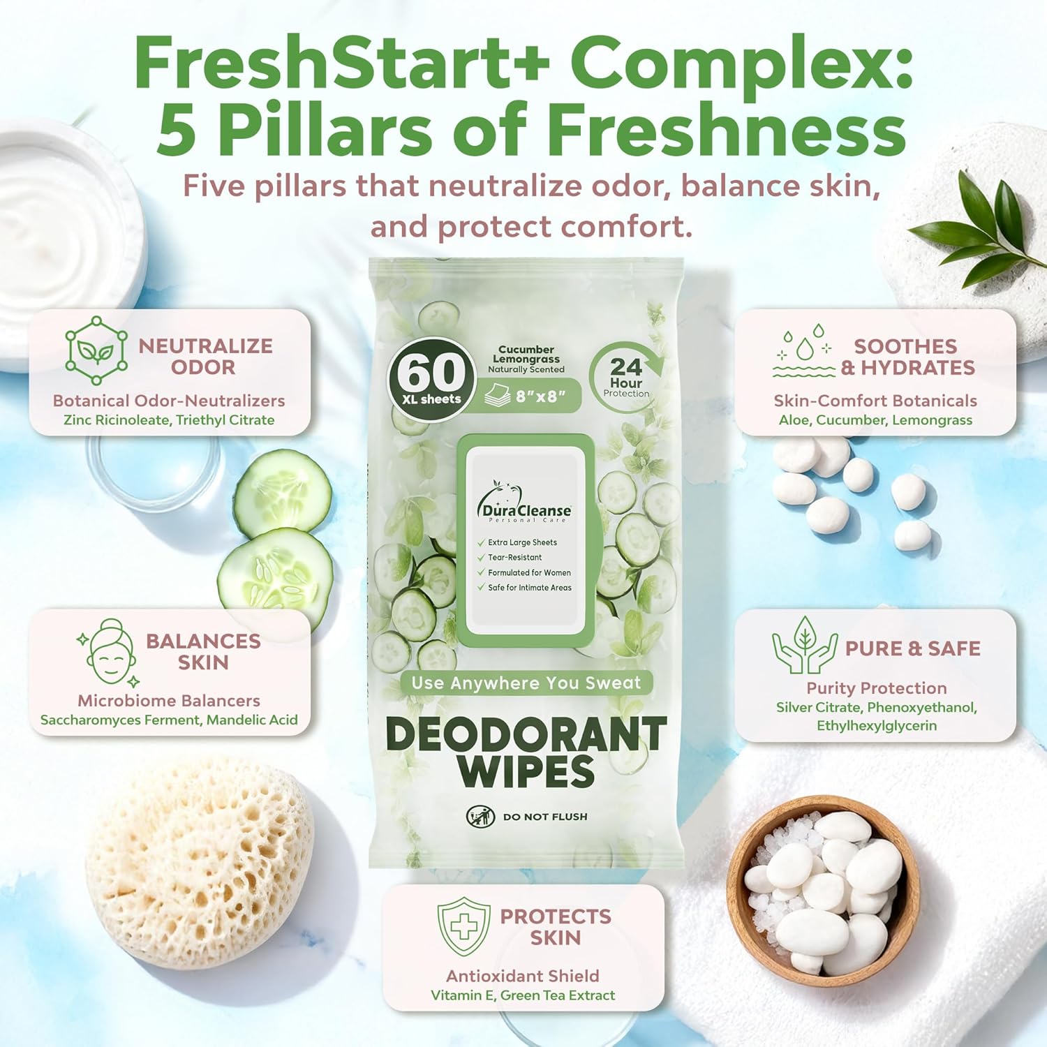XL Deodorant Wipes for Women - 60 Ct. + 4 Travel Body Wipes Individually Wrapped - 8"x8" Odor Eliminator Towelettes for Underarm, Body, Feet - pH Balanced Armpit Smell Remover for Gym & Post Workouts - Image 5