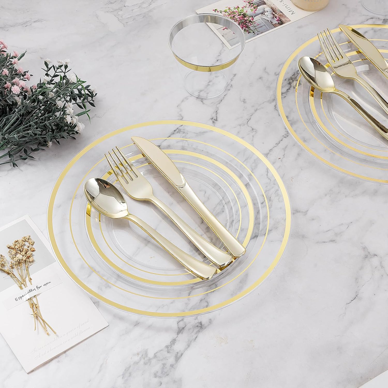 BESTVIP 600PCS Clear Gold Dinnerware Set for 100 Guests, Plastic Plates for Party, Christmas and New Year, 100 Disposable Plates, 100 Dessert Plates, 100 Cups, 100 Spoons, 100 Forks and 100 Knives - Image 5