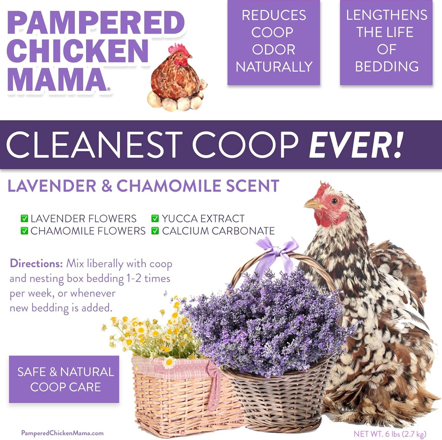Pampered Chicken Mama Cleanest Coop Ever! Chicken Coop Deodorizer & Bedding Refresher | Moisture Absorbing Odor Eliminator | Coop Refresher for Chickens (Lavender & Chamomile Scent, 8 pounds) - Image 4