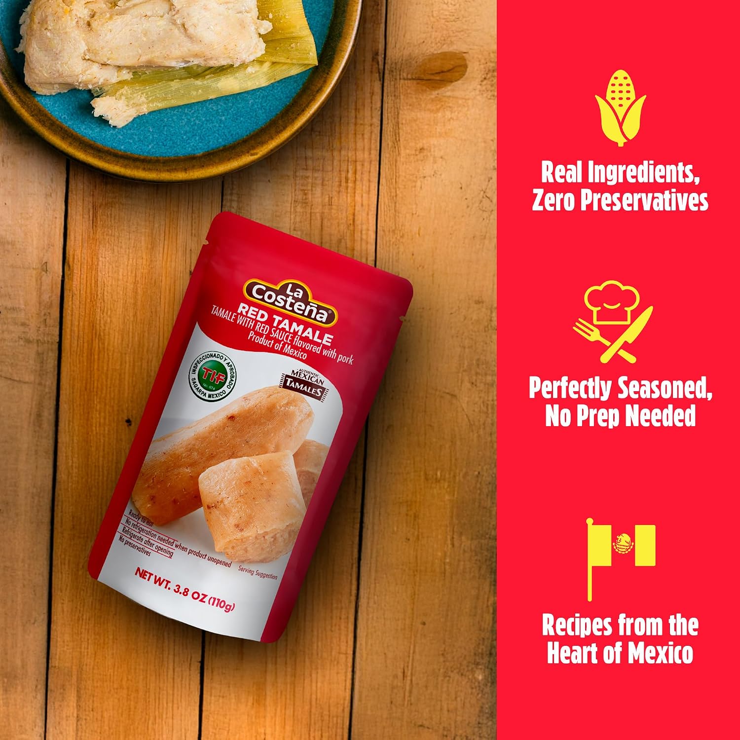 La Costeña Red Tamales - Made with Pork, Red Sauce & Masa Corn Meal - Microwavable Ready to Eat Meals No Refrigeration - Premade Easy Meals - Instant Lunch To Go - Mexican Food - 3.8 oz, 12 Pack - Image 5