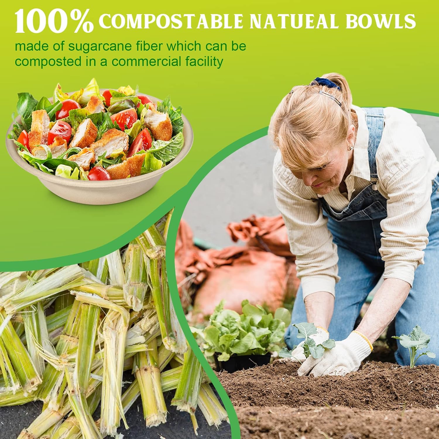 greensight Large Disposable Paper Bowls 32oz - 50 Pack Heavy Duty Compostable for Hot and Cold Food, Biodegradable Made of Sugarcane - Image 5