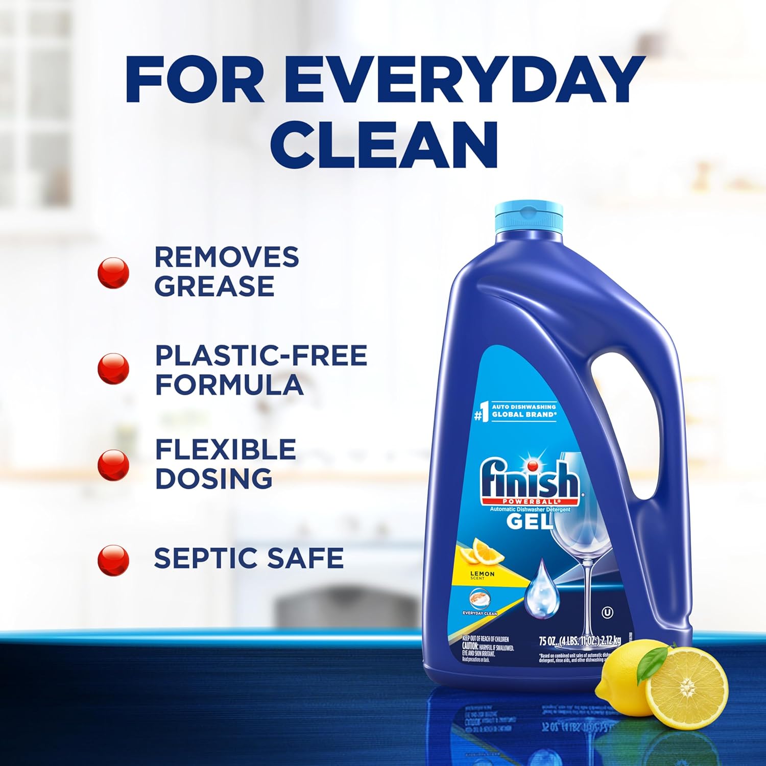 Finish Gel Liquid Dishwasher Detergent, Advanced Deep Cleaning Power Dish Soap, Fights Tough Stains, Dishwasher Soap, Plastic-Free & Septic Safe Dish Detergent, Lemon Scent, 75oz - Image 3