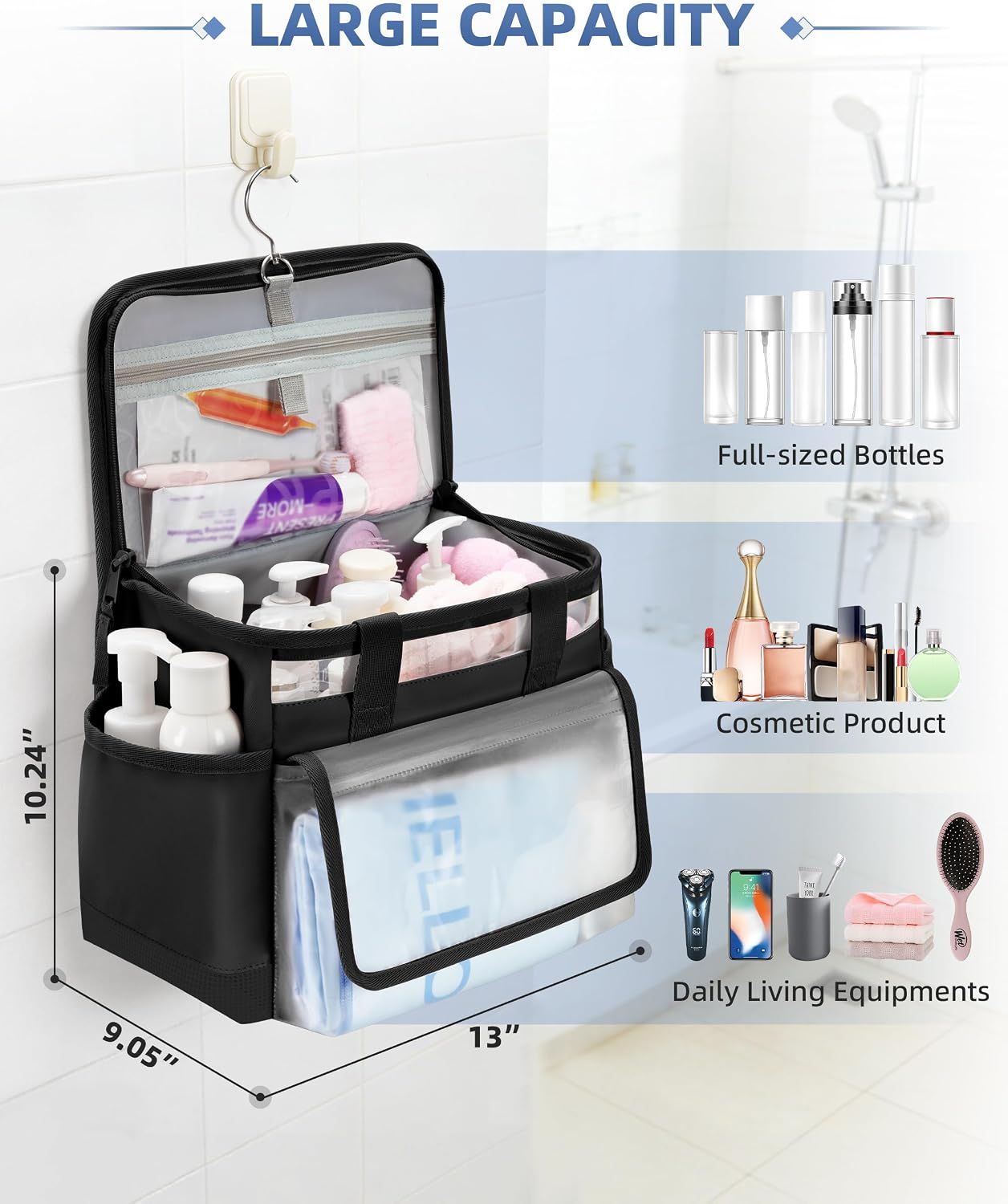 Marscamd Hanging Shower Caddy Organizer Bag for Travel with Hanging Hook, Quick Dry Mesh Bathroom Caddy Toiletry Bag with Handle for College, Dorm, Gym, Camping, Black - Image 6