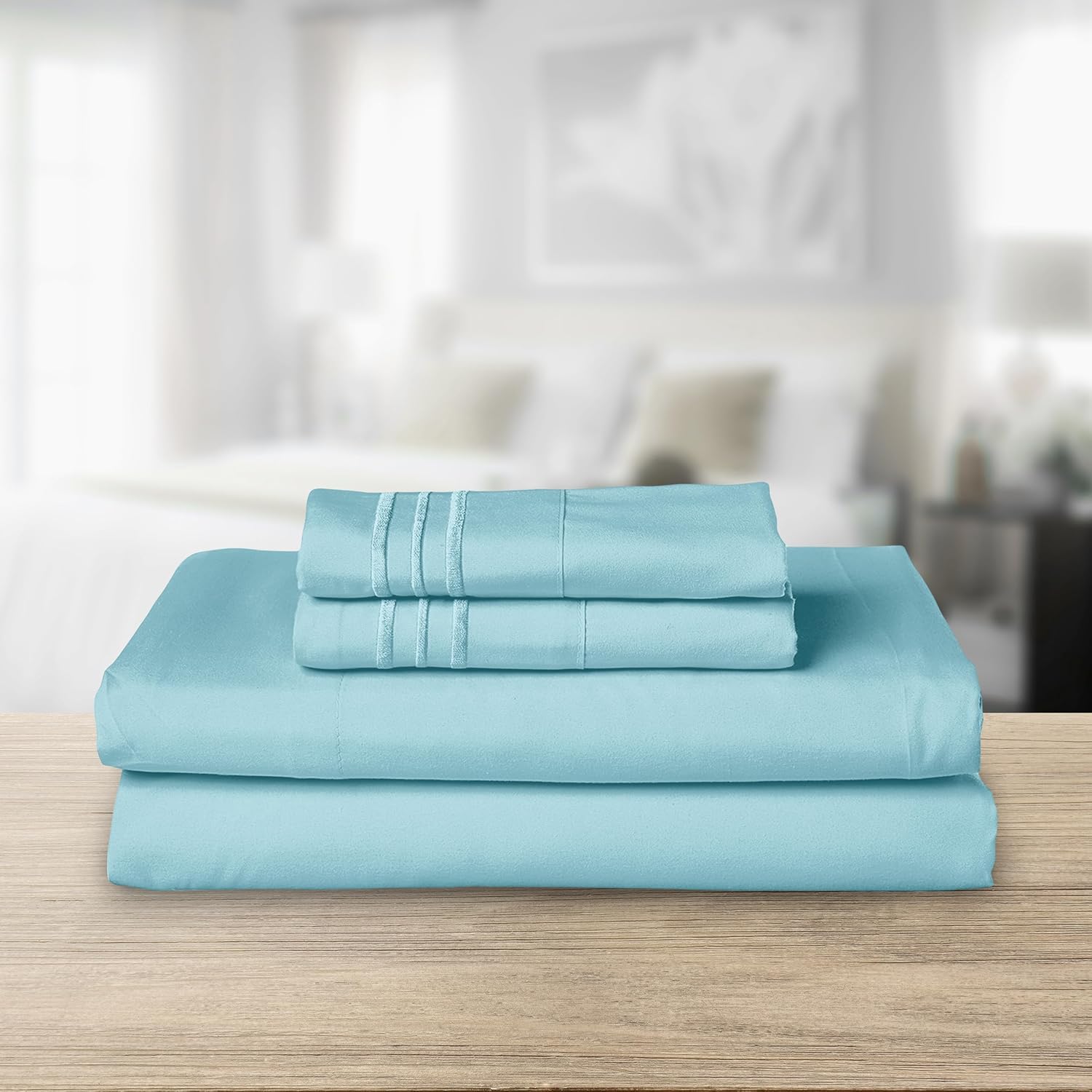 Elegant Comfort Luxurious 1500 Premium Hotel Quality Microfiber Three Line Embroidered Softest 4-Piece Bed Sheet Set, Wrinkle and Fade Resistant, King, Aqua Blue - Image 2