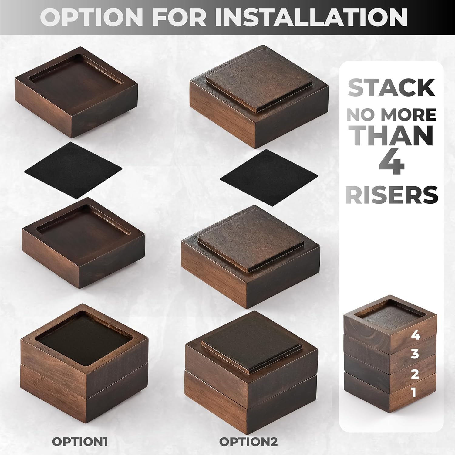 FASONLA Bed Risers, Furniture Risers (Set of 8) Lifts Height 1", 2", 3" or 4", Solid Natural Wood Risers, Non-Slip Recessed Hole to Heavy Bed/Furniture (Walnut Color) - Image 4