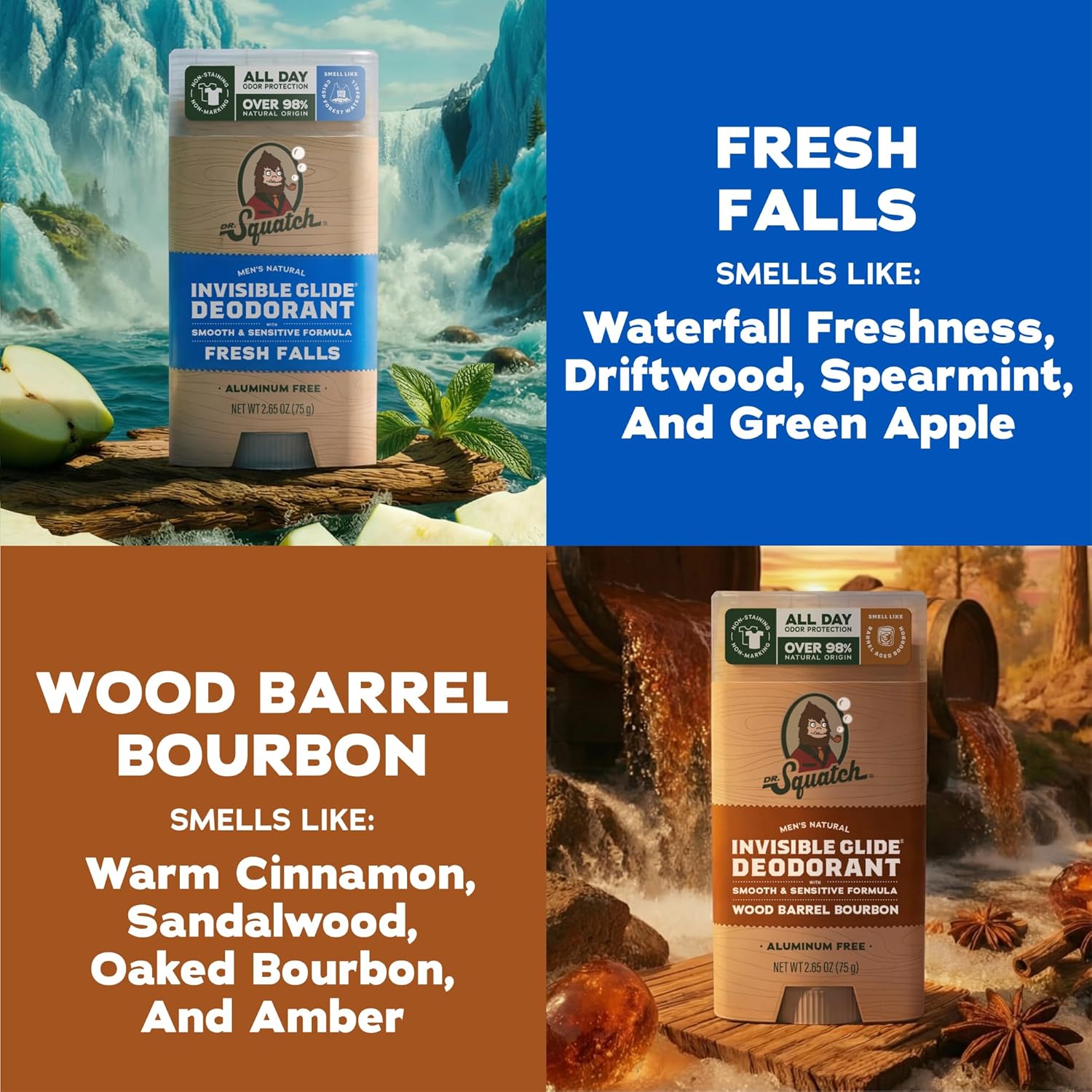 Dr. Squatch Invisible Glide Natural Men’s Deodorant – Smooth Glide, No Stains – Aluminum Free Deodorant Men – Safe for Sensitive Skin – Fresh Falls + Wood Barrel Bourbon – 2.65oz (2-Pack) - Image 3
