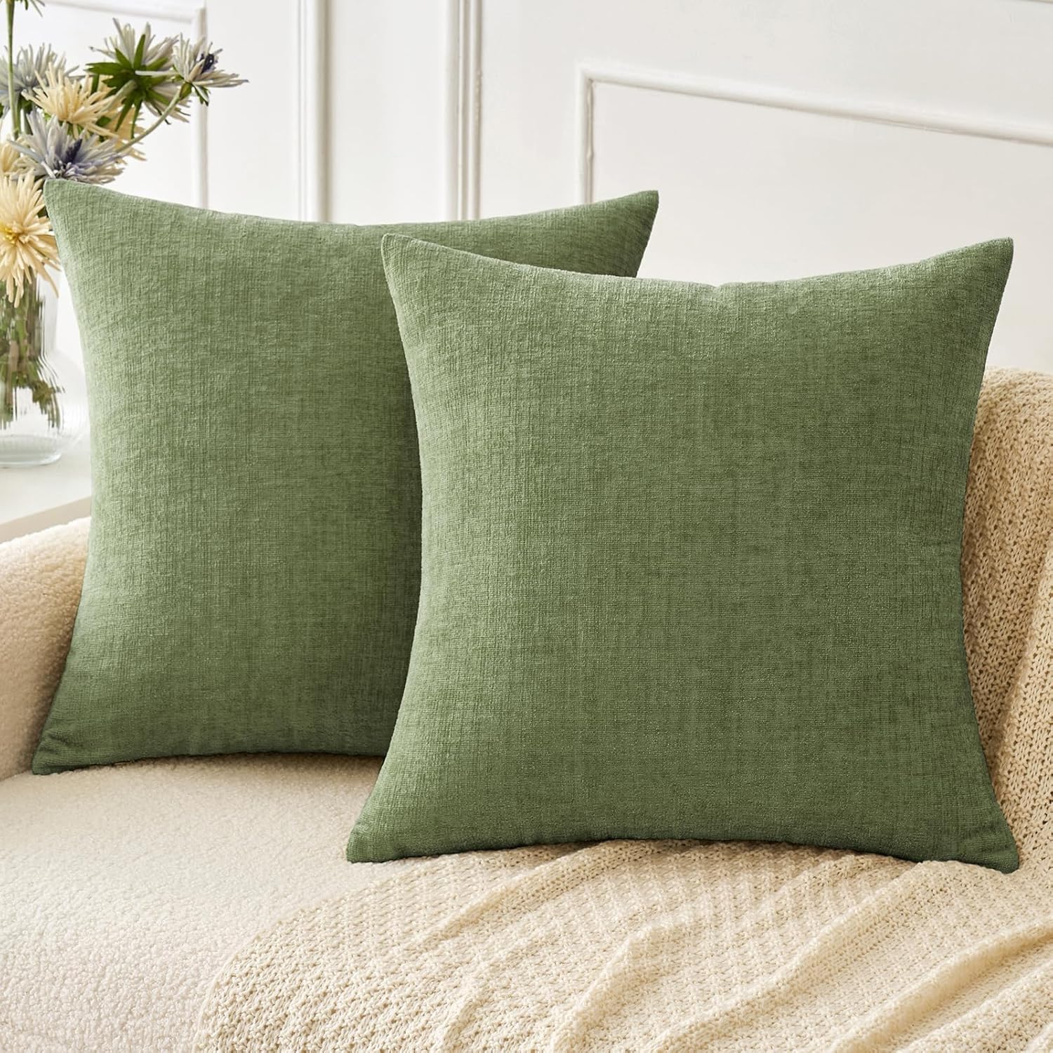 MIULEE Pack of 2 Couch Throw Pillow Covers 18x18 Inch Spring Soft Sage Green Chenille Pillow Covers for Sofa Living Room Solid Dyed Pillow Cases - Image 2