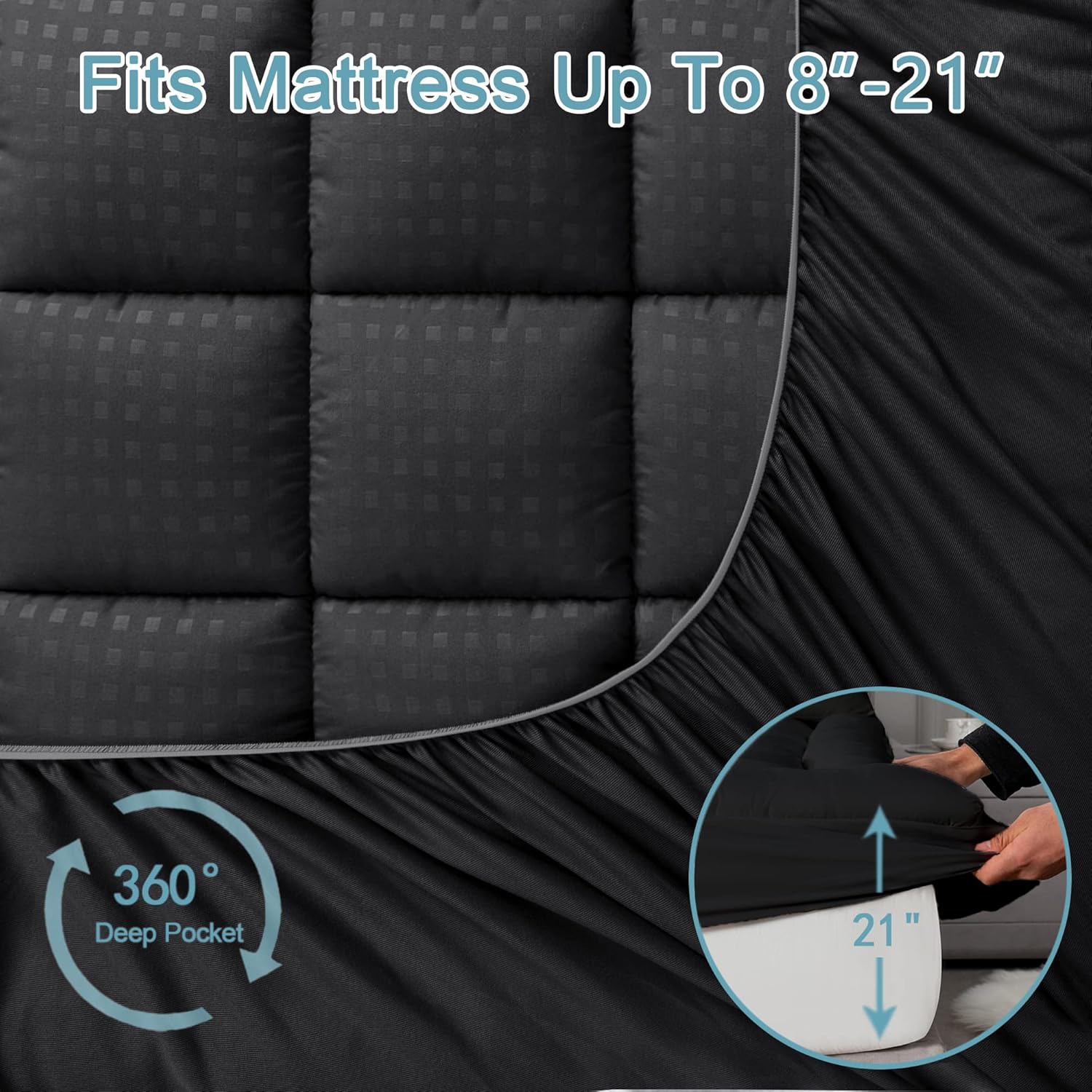 HYLEORY Queen Mattress Pad Quilted Fitted Mattress Protector Cooling Pillow Top Mattress Cover Breathable Fluffy Soft Mattress Topper with 8-21" Deep Pocket, Black - Image 6