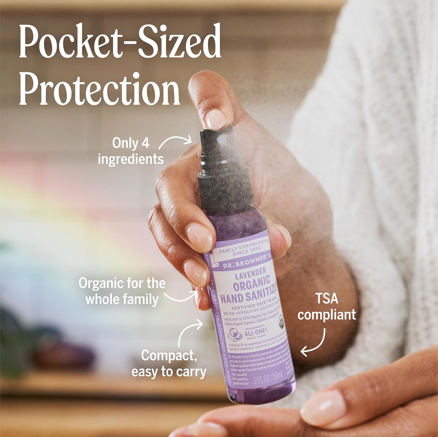 Dr. Bronner's Organic Hand Sanitizer Spray Variety Pack Travel Size Bulk, Simple & Effective Formula, Scented, No Harsh Chemicals - Lavender & Peppermint, 2oz (6-Pack) - Image 5