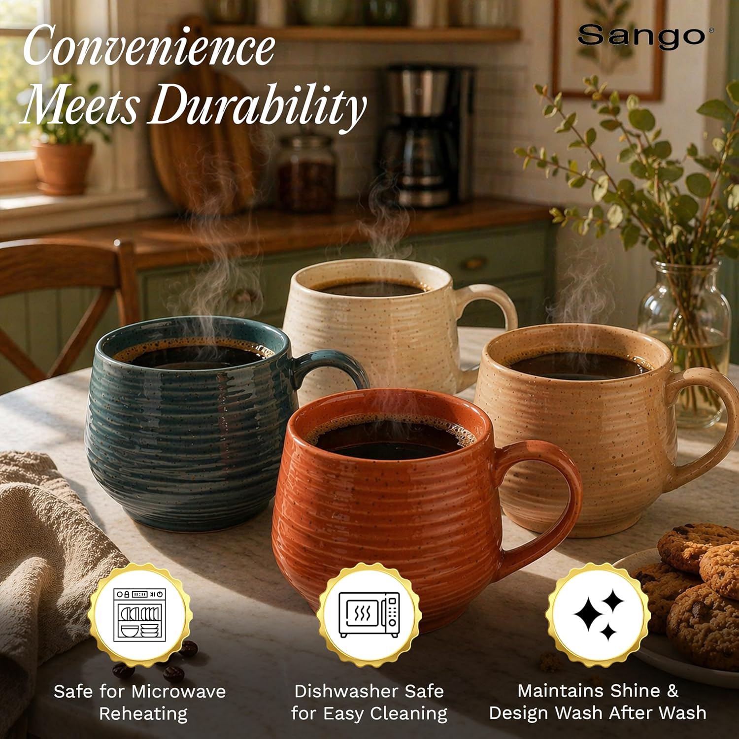 Sango 17.5 oz Stoneware Coffee Mugs Set of 4, Rustic Ceramic Mug with Speckled Reactive Glaze, Large Pottery Drinkware for Coffee or Tea, Dishwasher & Microwave Safe Mugs, Siterra Painter’s Palette - Image 5