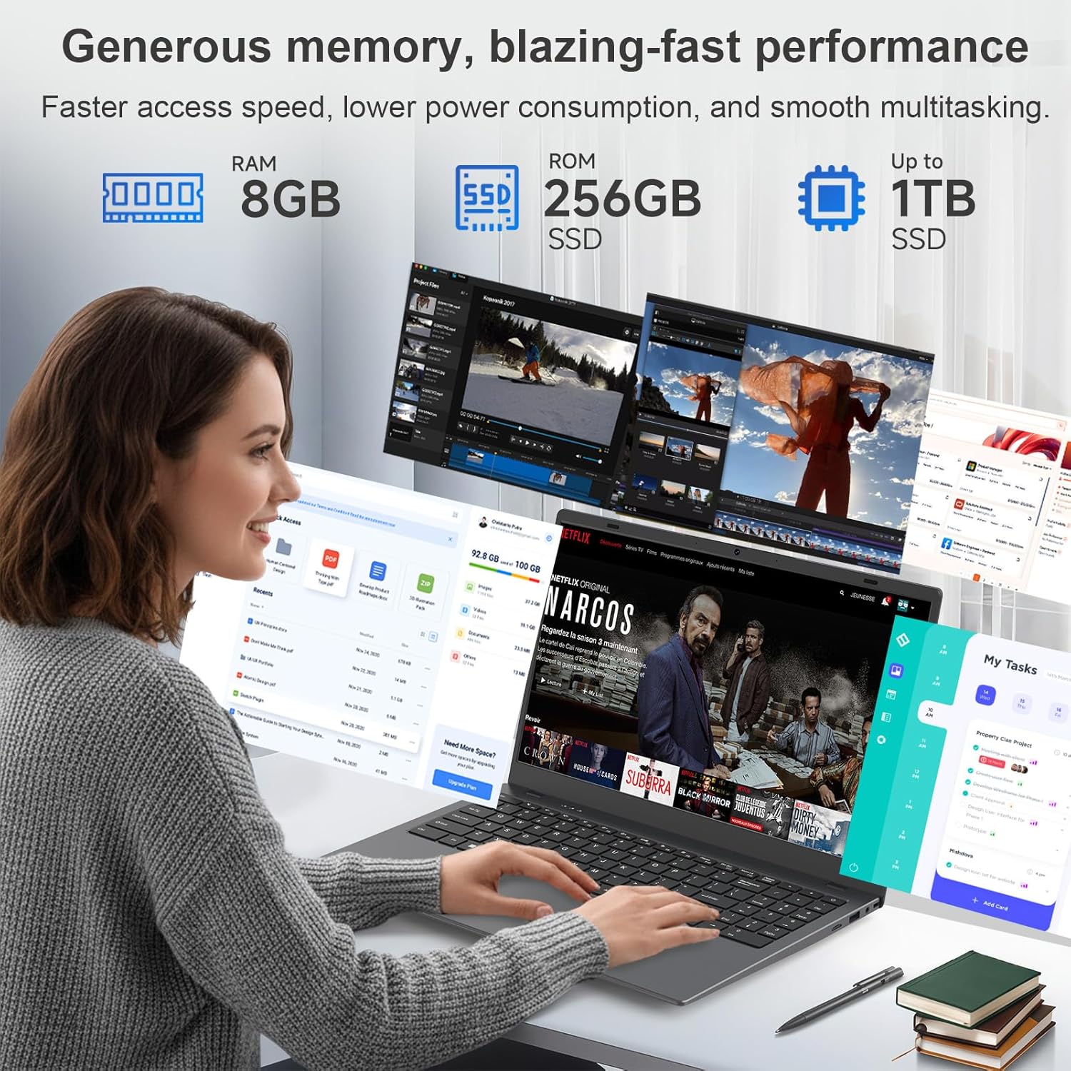 15.6 Inch Laptop, 8GB RAM 256GB SSD Laptop Computer, FHD IPS Display, Pentium 6500Y up to 3.4GHz, Lightweight Student Laptop for School & Business, Quiet Fanless Design, USB-C, WiFi 5 - Image 4