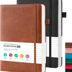 Lined Journal Notebook, A5 (5.7” x 8.4″), 2 Pack Journaling Notebooks for Women Men Writing Work, Leather Hardcover, 160 Pages per Note Book, 100GSM Thick Paper, School Office Supplies, Black & Brown