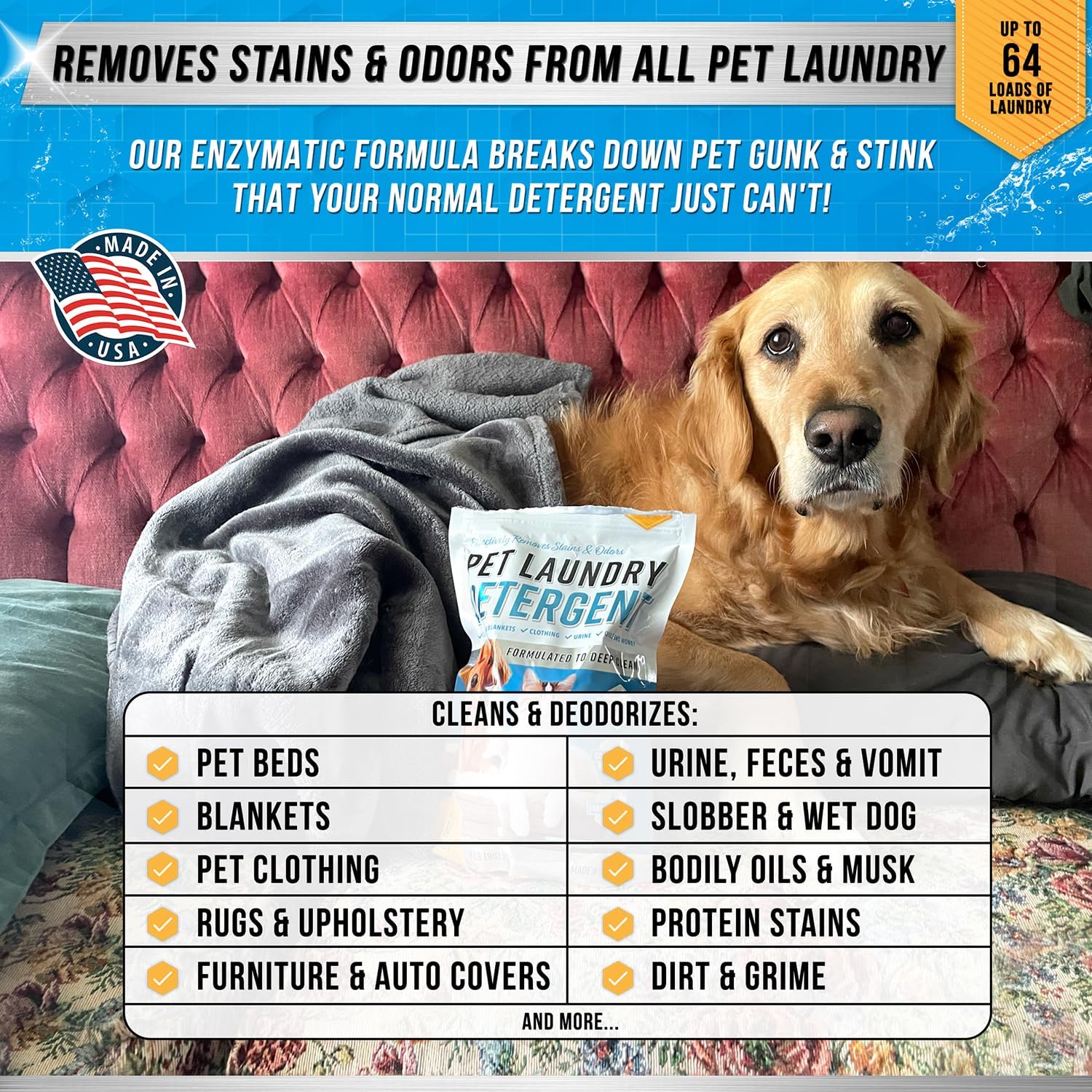 Pet Laundry Detergent Odor Remover - ACTIVE Enzyme Based Powder Detergent for Dogs Beds, Cat Pee, HE Washer Friendly Natural Enzymatic Deodorizer, Urine, Smell, Dog Drool, Stain Eliminator - 64 Loads - Image 3
