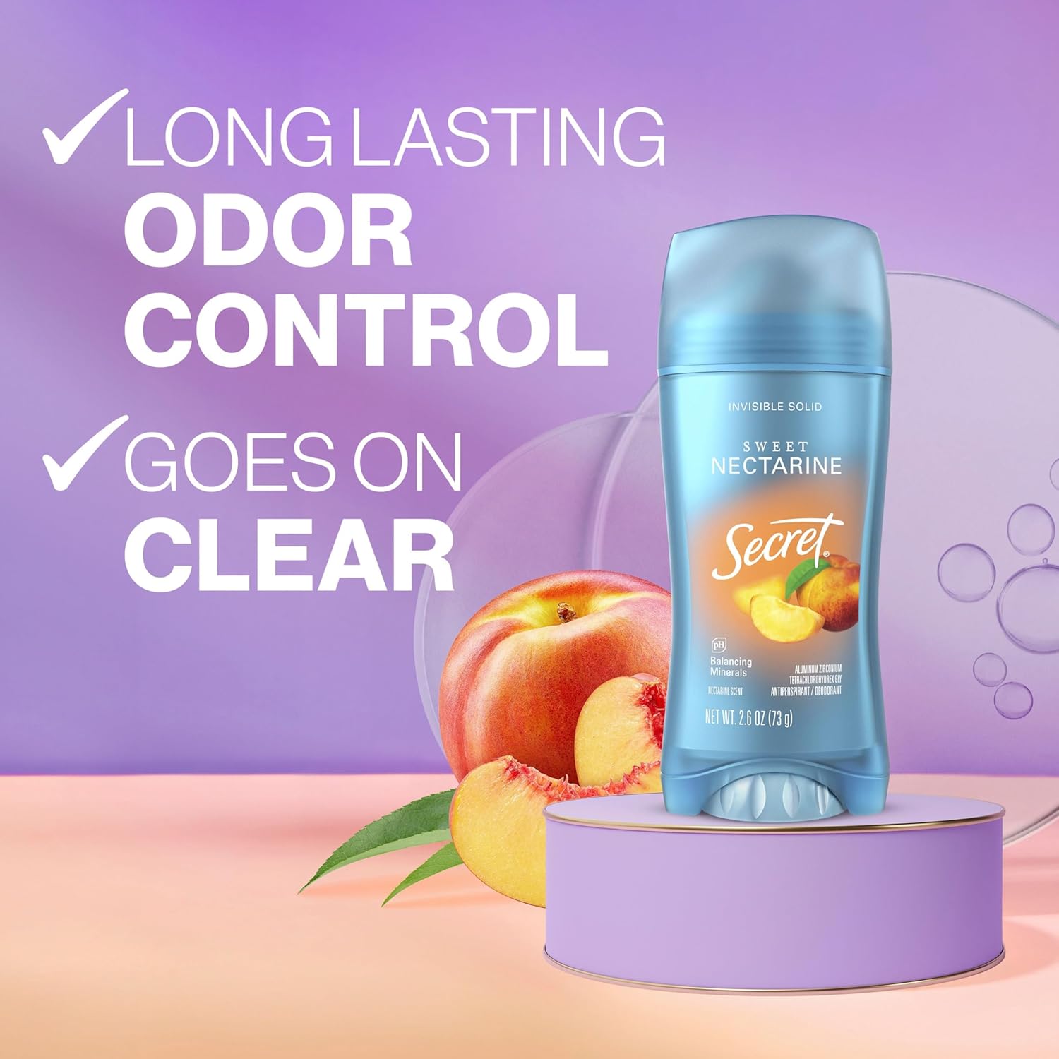 Secret Fresh Antiperspirant Deodorant for Women, 72hr Breathable Sweat & Odor Protection, Instant Freshness & Gentle, PH Balancing Minerals, Invisible Solid, Sweet Nectarine Scent, 2.6 oz - Image 3