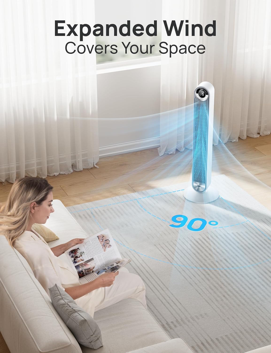 DREO Tower Fan for Bedroom, Upgrated DC 9 Speeds Ultra-Quiet Floor Fan, 90ยฐ Oscillating Fans for Indoors with 28ft/s Velocity, 12H Timer, Standing Fans, Bladeless Fan Powerful for Home, White - Image 4