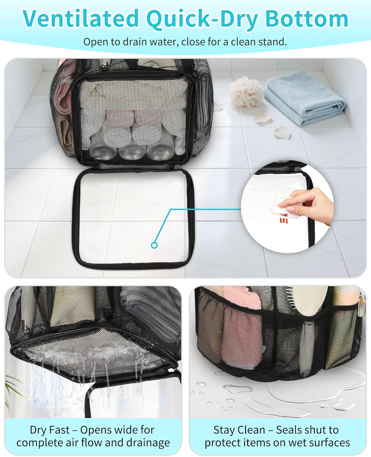CUBETASTIC Mesh Shower Caddy Portable - Large Capacity Shower Tote for College Dorm Essentials, Bathroom, Gym, Camping, 360° Hanging Hook & 4 Pockets Travel Toiletry Bag (A# Black, 8.6"×8.6"×9.8") - Image 7