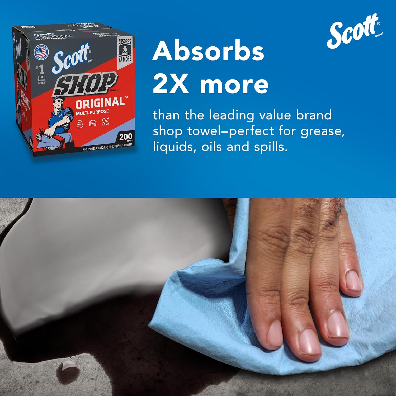 Scott Shop Original Blue Towels (75190), 9"x12" Cloth-like Paper Towel (8 Boxes of 200 Sheets, 1,600 Sheet Total) - Image 6