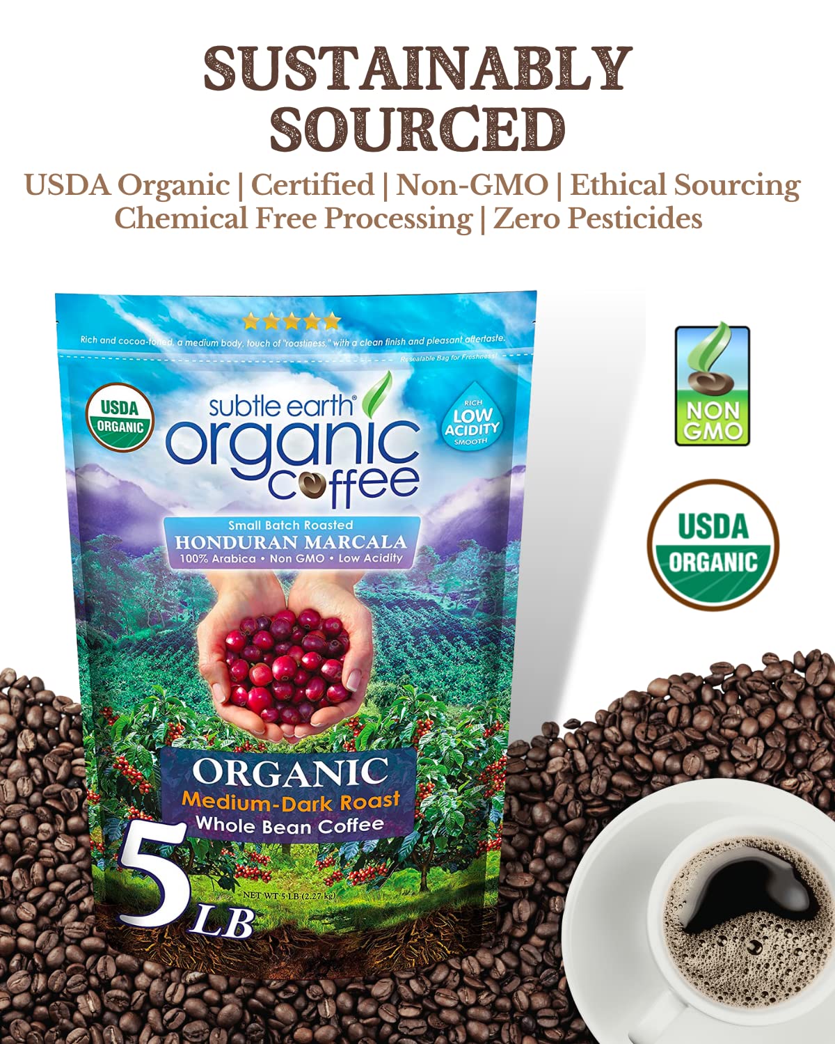 5LB Subtle Earth Organic Coffee - Medium Dark Roast - Whole Bean Coffee - 100% Arabica Beans - Low Acidity and Non-GMO - 5lb bag - Image 6