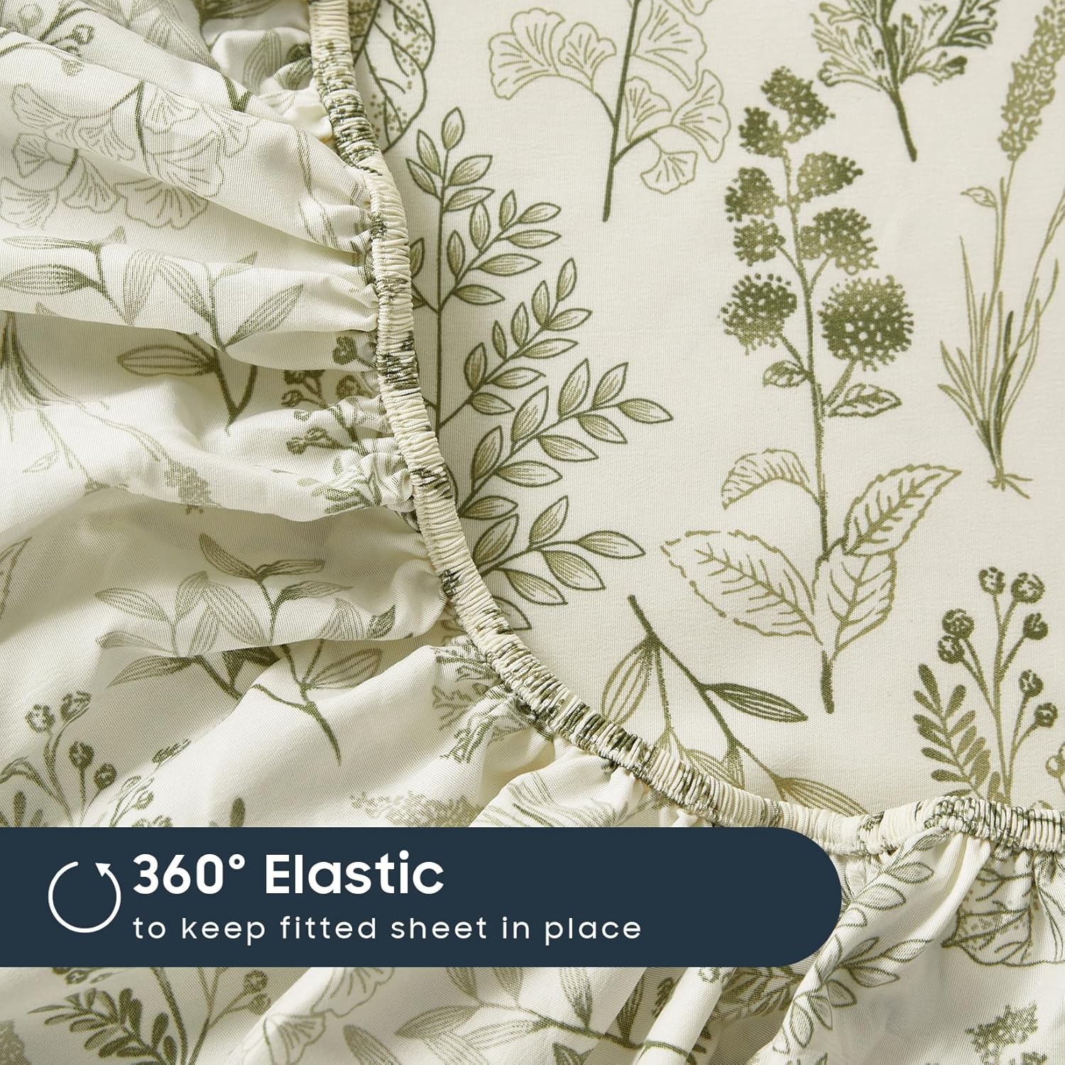Wake In Cloud - Botanical Bed Sheets, 4-Piece Sheet Set, Floral Shabby Chic Leaves Pattern Printed Coquette Vintage Aesthetic Bedding, Deep Pocket, Olive Green, King Size - Image 7