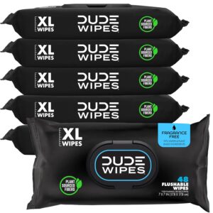 DUDE Wipes Unscented Flushable Wipes – Extra-Large Adult Wet Wipes for Sensitive Skin – 6 Pack (288 Count) – Infused with Vitamin E and Aloe – Septic and Sewer Safe