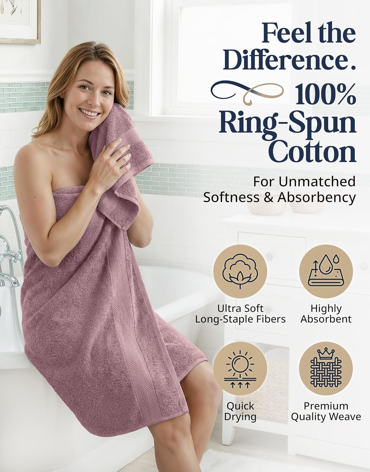 LANE LINEN 100% Cotton Turkish Towels for Bathroom - 6 Piece - Softer & Highly Absorbent - 2 Bath, 2 Wash cloths, 2 Hand Towels - Complete Family Set, Hotel Quality & Gentle on Skin - Wistful Mauve - Image 2
