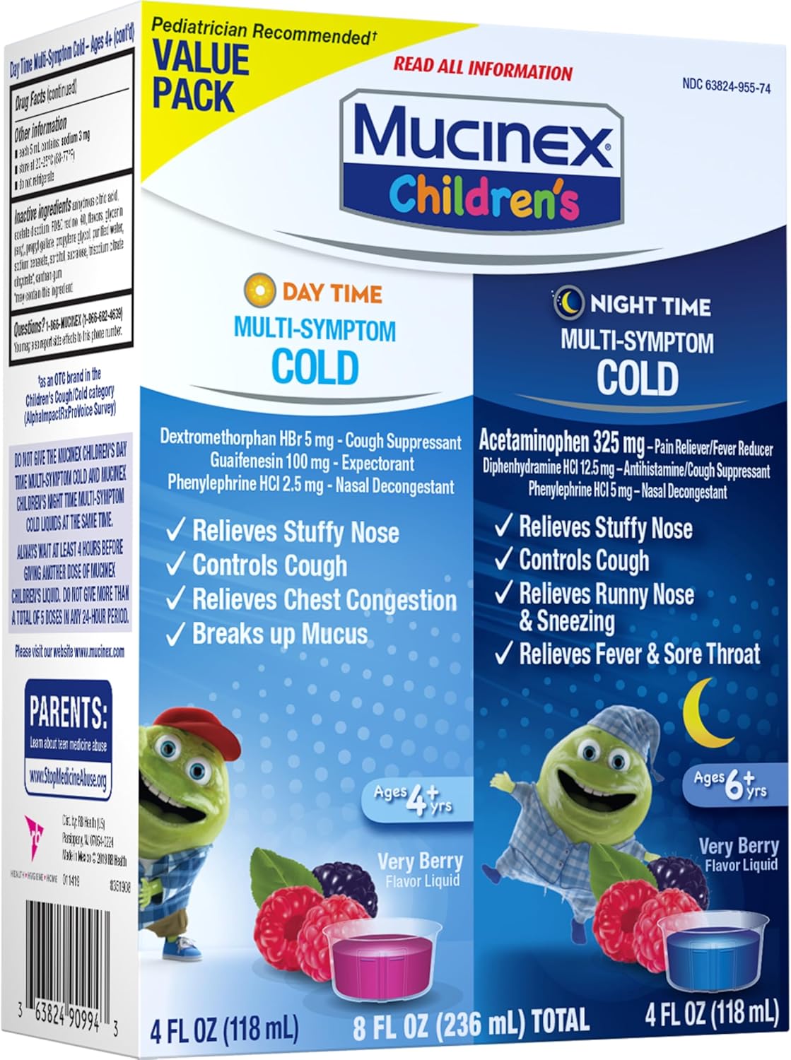 Mucinex Cold & Cough, Children's Multi-Symptom Day/Night Liquid, Very Berry, 8oz (2x4oz) Relieves Nasal & Chest Congestion, Thins & Loosens Mucus, Controls Cough, Reduces Fever, Soothes Sore Throat - Image 18