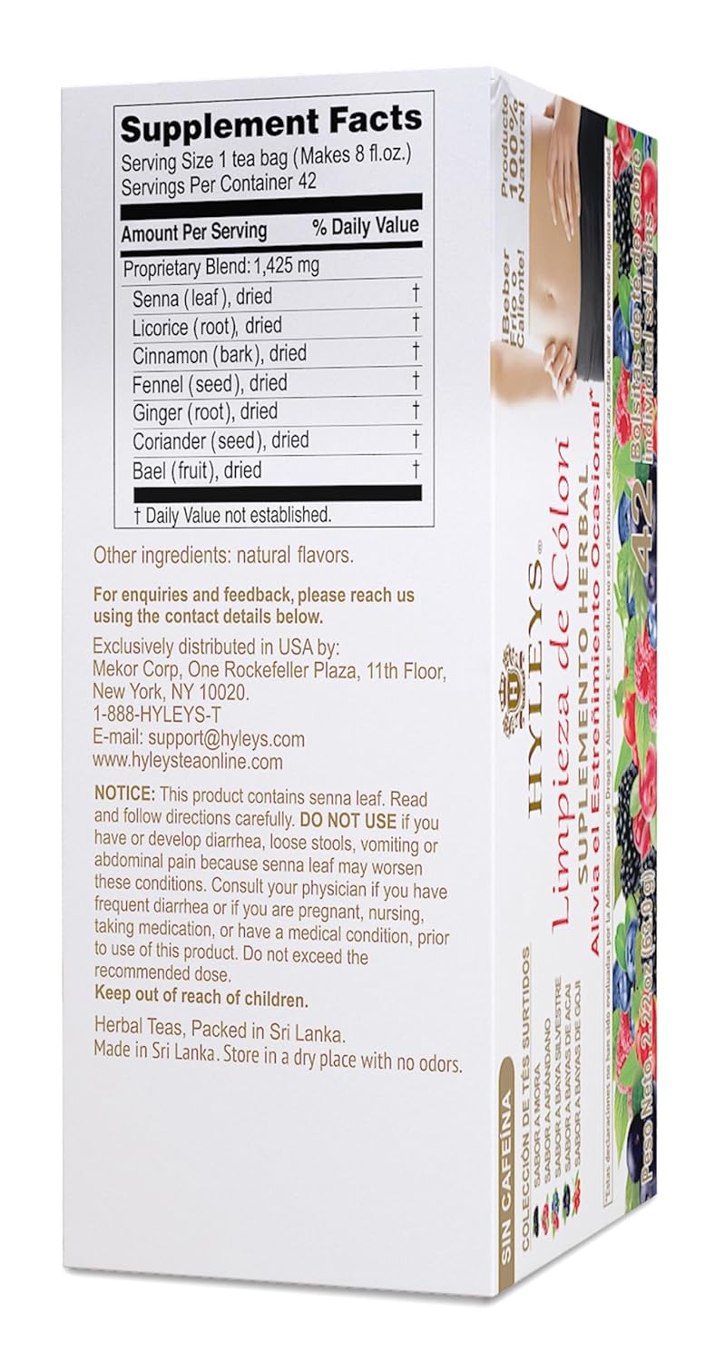 HYLEYS Colon Cleanse Tea, Assorted Flavors - 42 Individually Wrapped Herbal Tea Bags - Caffeine Free, Gluten Free - Image 3