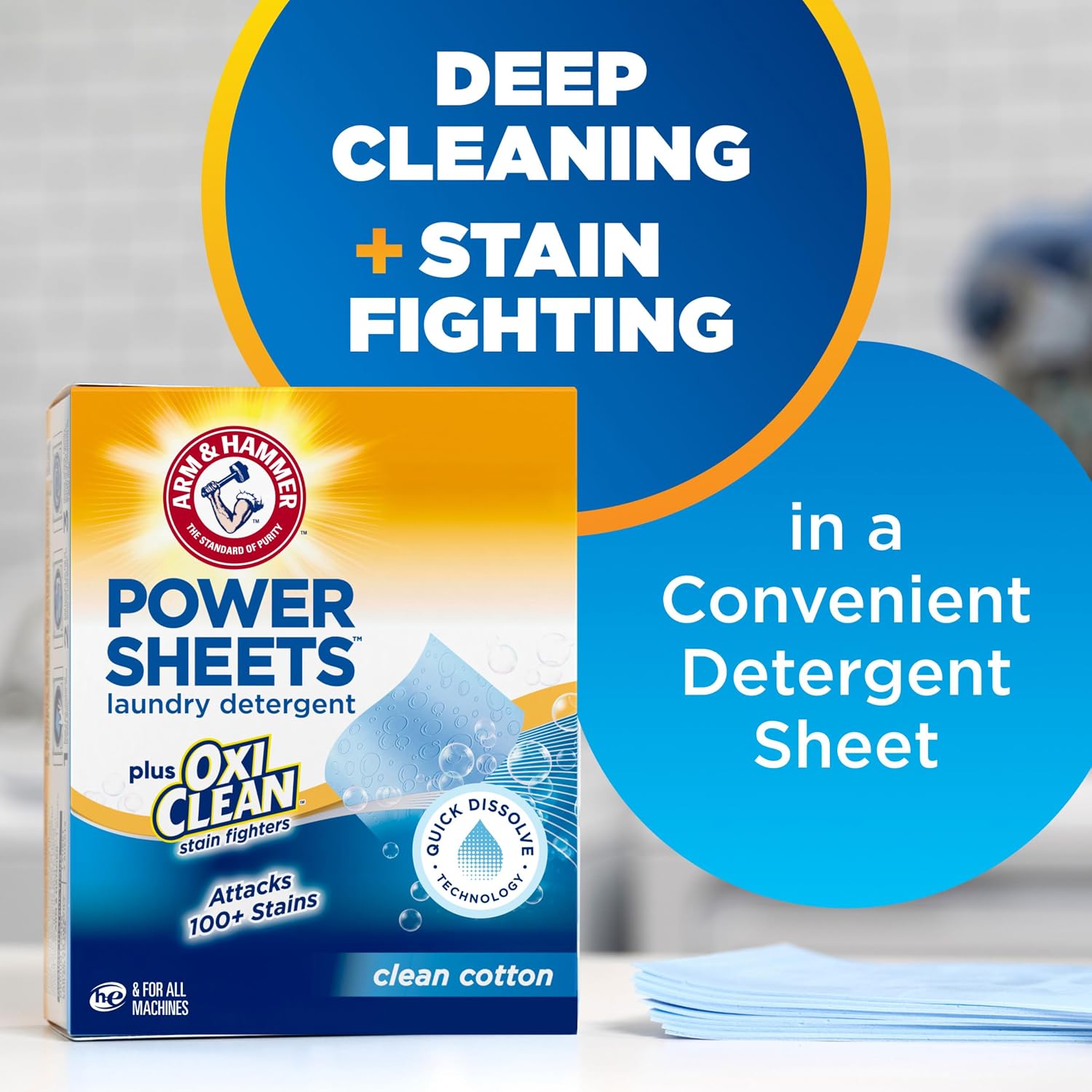 ARM & HAMMER Power Sheets Laundry Detergent Plus OxiClean Stain Fighters, Clean Cotton Scent, 52 Count, 104 Medium Loads - Image 3