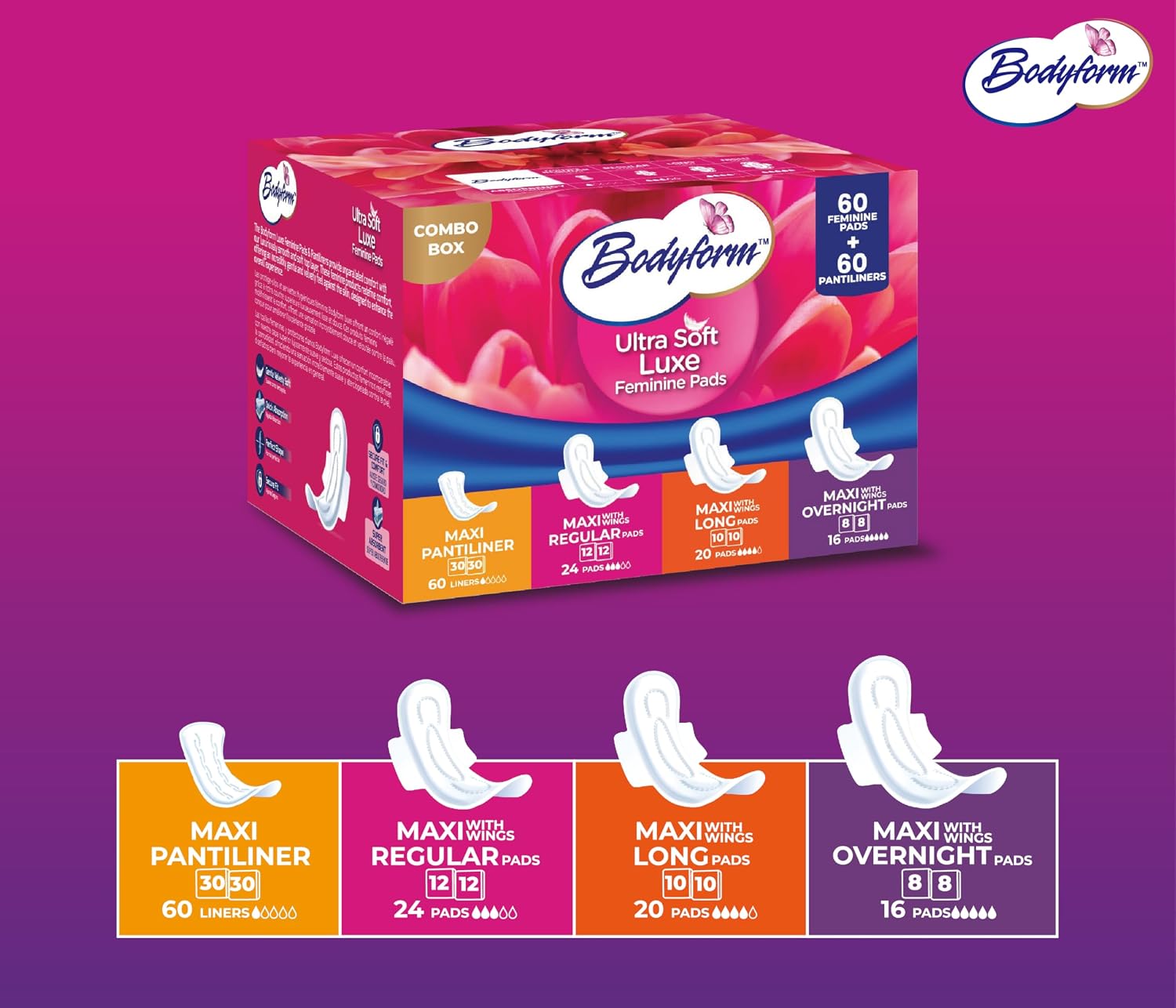 Bodyform Luxe Feminine Pads and Pantyliners Combo – 120 Count (60 Pads + 60 Liners), Ultra-Soft, Super Absorbent, Leak Protection, Daily Comfort & Freshness - Image 6