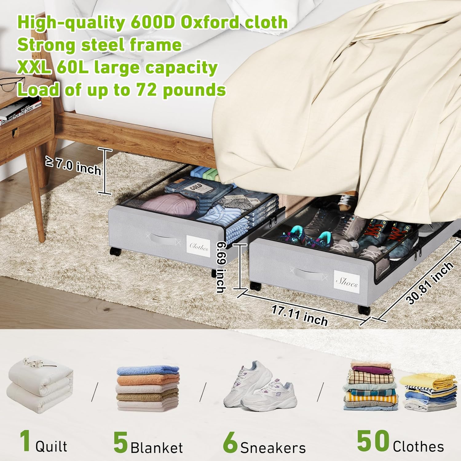 Tututry Under Bed Storage with Wheels, XXL 60L Under the Bed Storage Bins, Underbed Storage Containers with Lids & Label, Rolling Metal Drawer for Shoes, Clothes, Books, Toys (2-Pack Gray) - Image 3