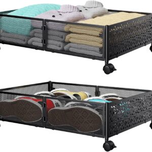 Under Bed Storage Containers with Wheels, Under Bed Shoe Storage Organizer Drawer, Tool-free Assembly Metal Storage Containers for Bedroom Clothes Shoes Blankets -2PCK