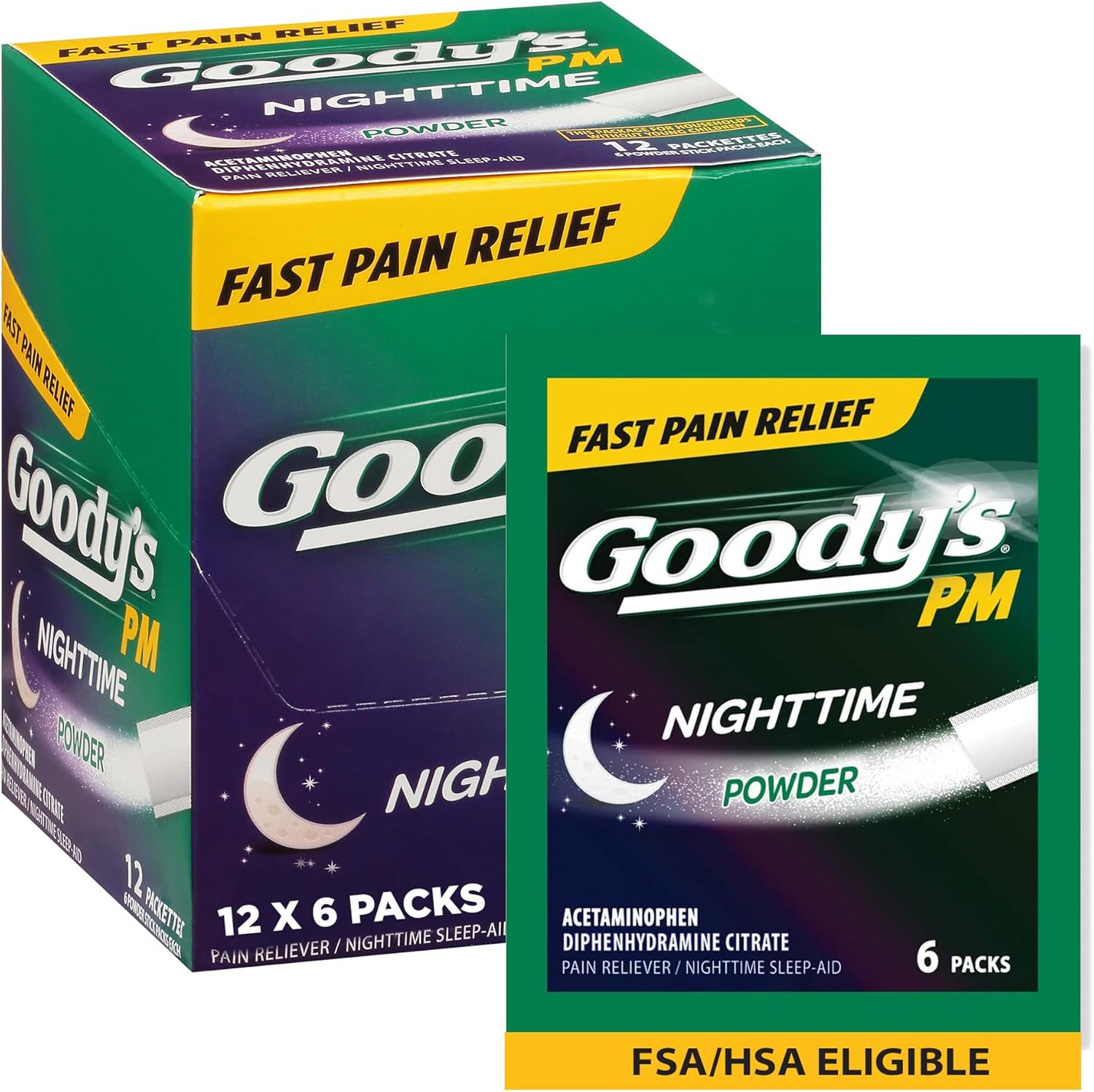 Goody's Nighttime Powder, Pain Reliever & Sleep Aid with Acetaminophen & Diphenhydramine Citrate, Caffeine Free, 6 Count, Pack of 12 - Image 2
