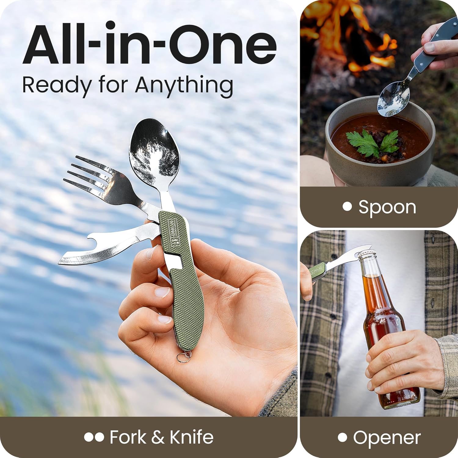 Orblue 4-in-1 Camping Utensils, 1-Pack, Portable Stainless Steel Spoon, Fork, Knife & Bottle Opener Combo Set - Travel, Backpacking Cutlery Multitool Olive Green - Image 3
