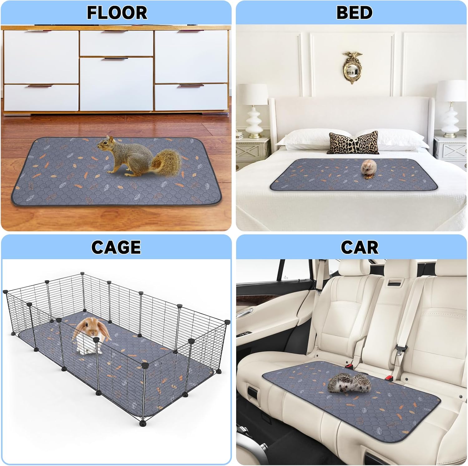 Sunheir 2 Pack Washable Guinea Pig Pee Pads, 24" x 48" Waterproof Reusable Guinea Pig Cage Liners, Absorbent Bedding Training Mat for Small Animal Guinea Pigs Rabbit Bunny Hamster (Leaves - Deep Grey) - Image 5