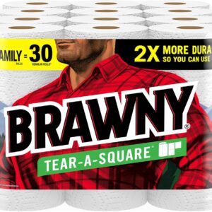 Brawny Tear-A-Square Paper Towels, 12 Family Rolls = 30 Regular Rolls, 2X More Durable*, 3 Sheet Sizes, Strong and absorbent extra-large roll