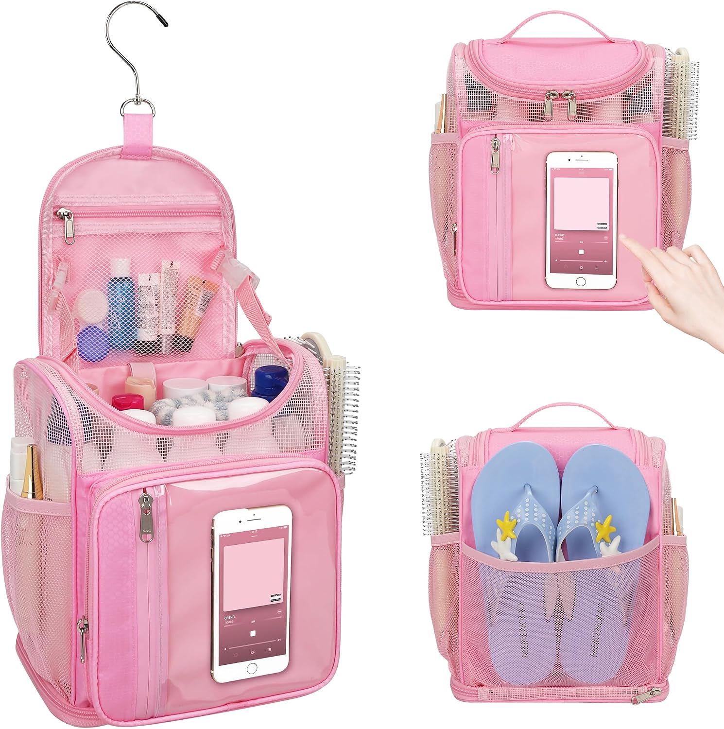 Hanging Shower Caddy Portable - Travel Toiletry Bag for Men & Women, Large Capacity Caddy Dorm Basket, Quick Dry Toiletry Tote Bag with Stain Resistant Bottom for Bathroom, Beach, Camp, Gym - Pink - Image 2