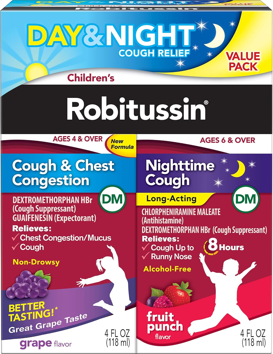 Children's Robitussin DM Day and Night Cough Relief Value Pack, Cough Medicine, Grape/Fruit Punch Flavor - 4 Fl Oz x 2 - Image 2