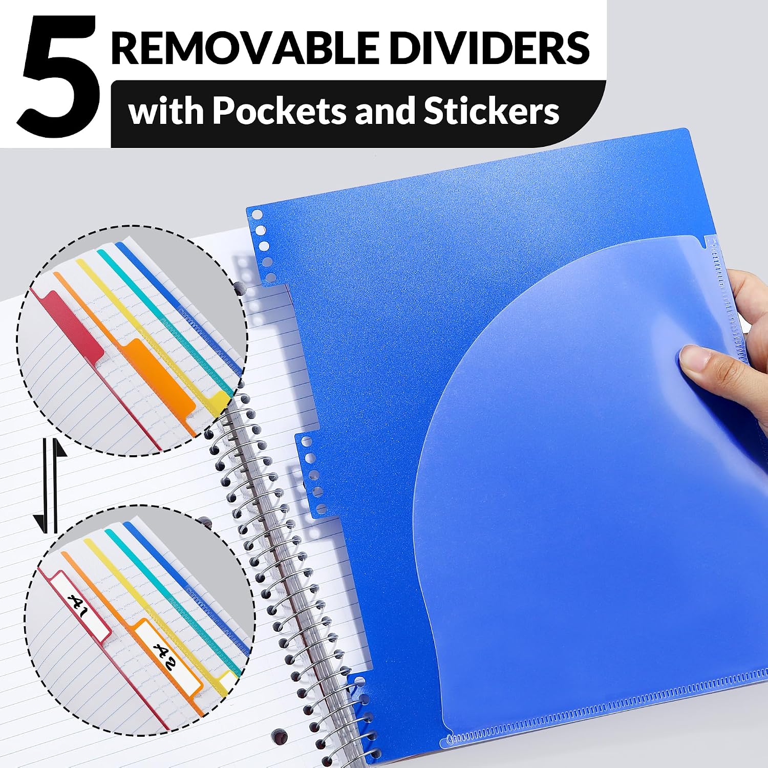 SUNEE 5 Subject Notebook College Ruled - 400 Pages, 9"x11", 5 Pocket Colored Dividers, 3-Hole Punched Paper, Black - Image 4